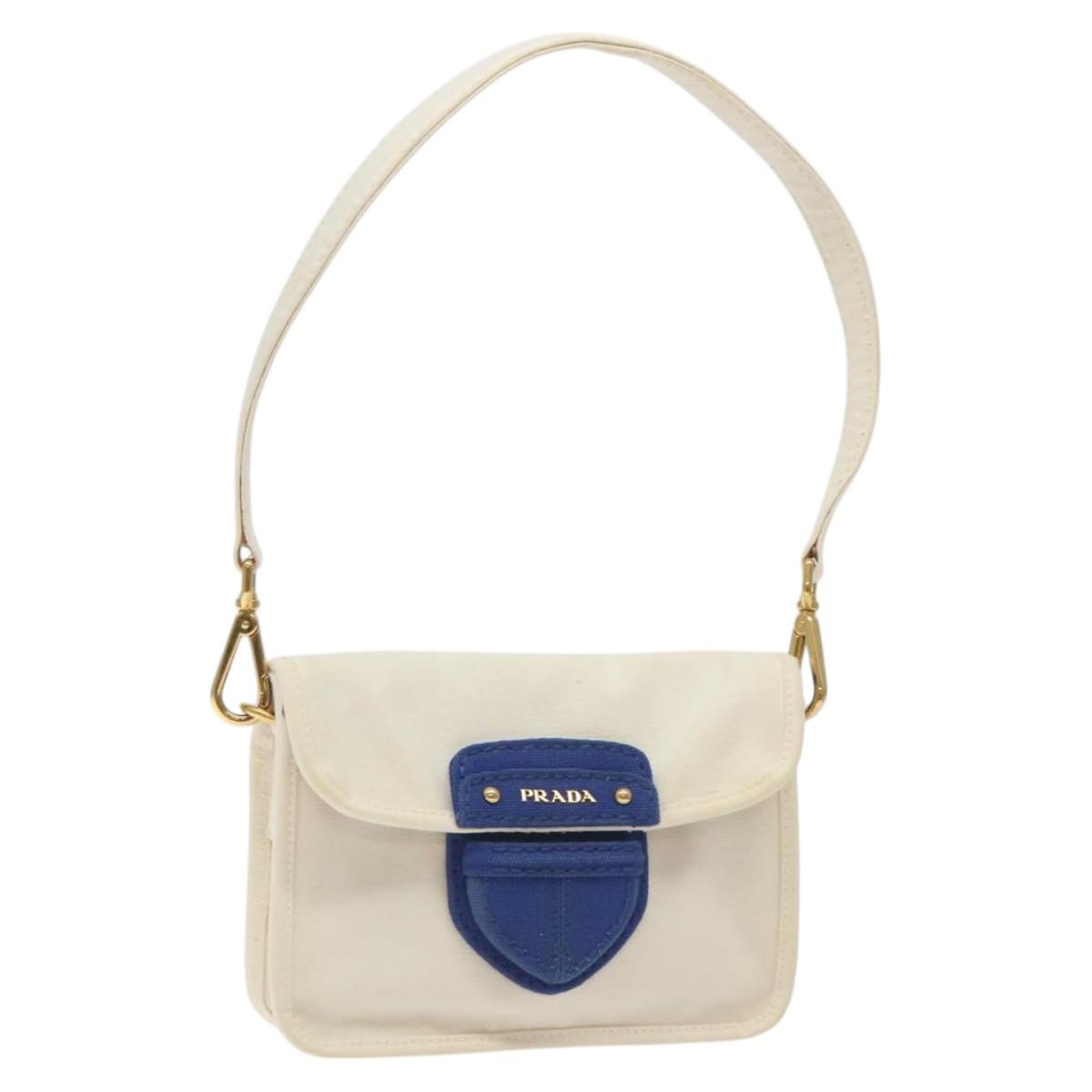 PRADA Shoulder Bag Canvas Silver Blue gold Auth 128734
