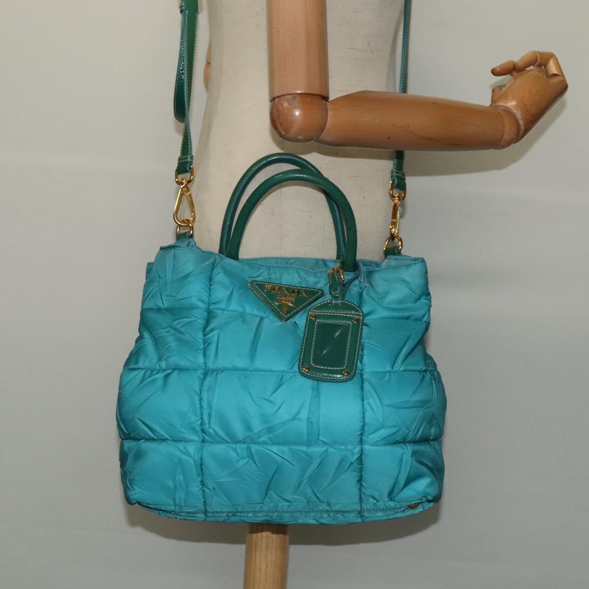 PRADA Hand Bag Nylon 2way Green Gold Auth 128737