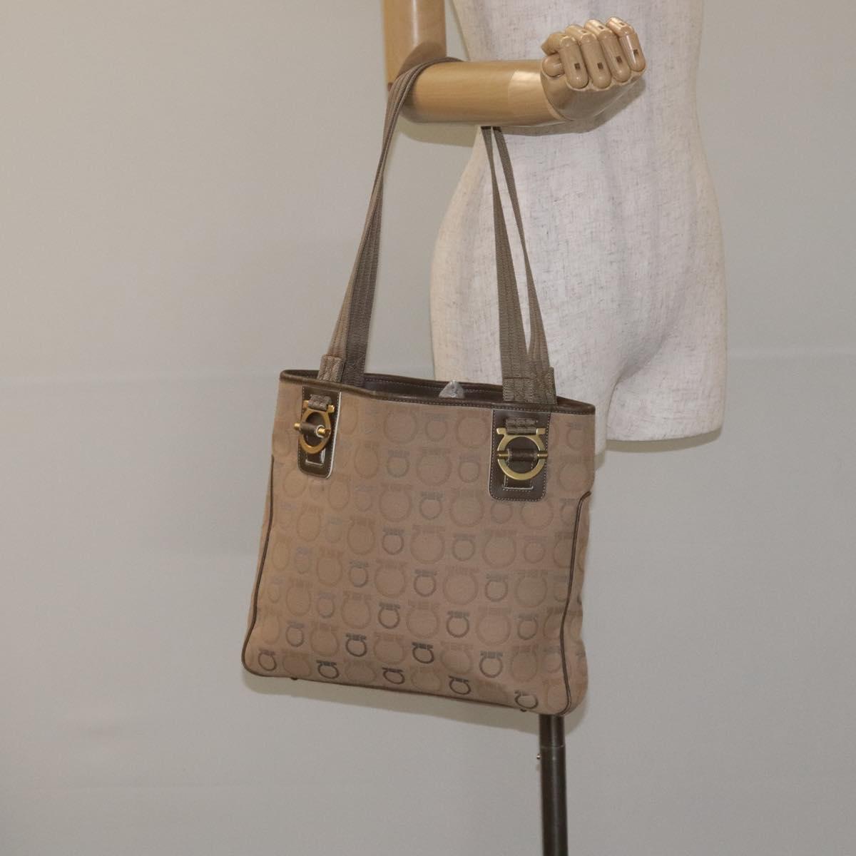 Salvatore Ferragamo Gancini Tote Bag Canvas Beige Gold Auth 128743