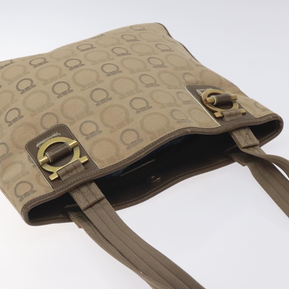 Salvatore Ferragamo Gancini Tote Bag Canvas Beige Gold Auth 128743