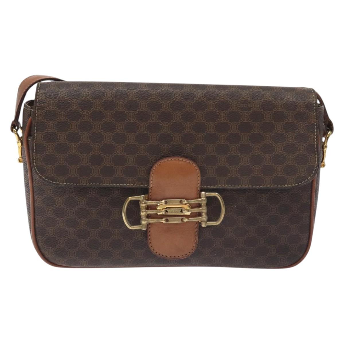 CELINE Macadam Canvas Shoulder Bag PVC Leather Brown Gold Auth 128760