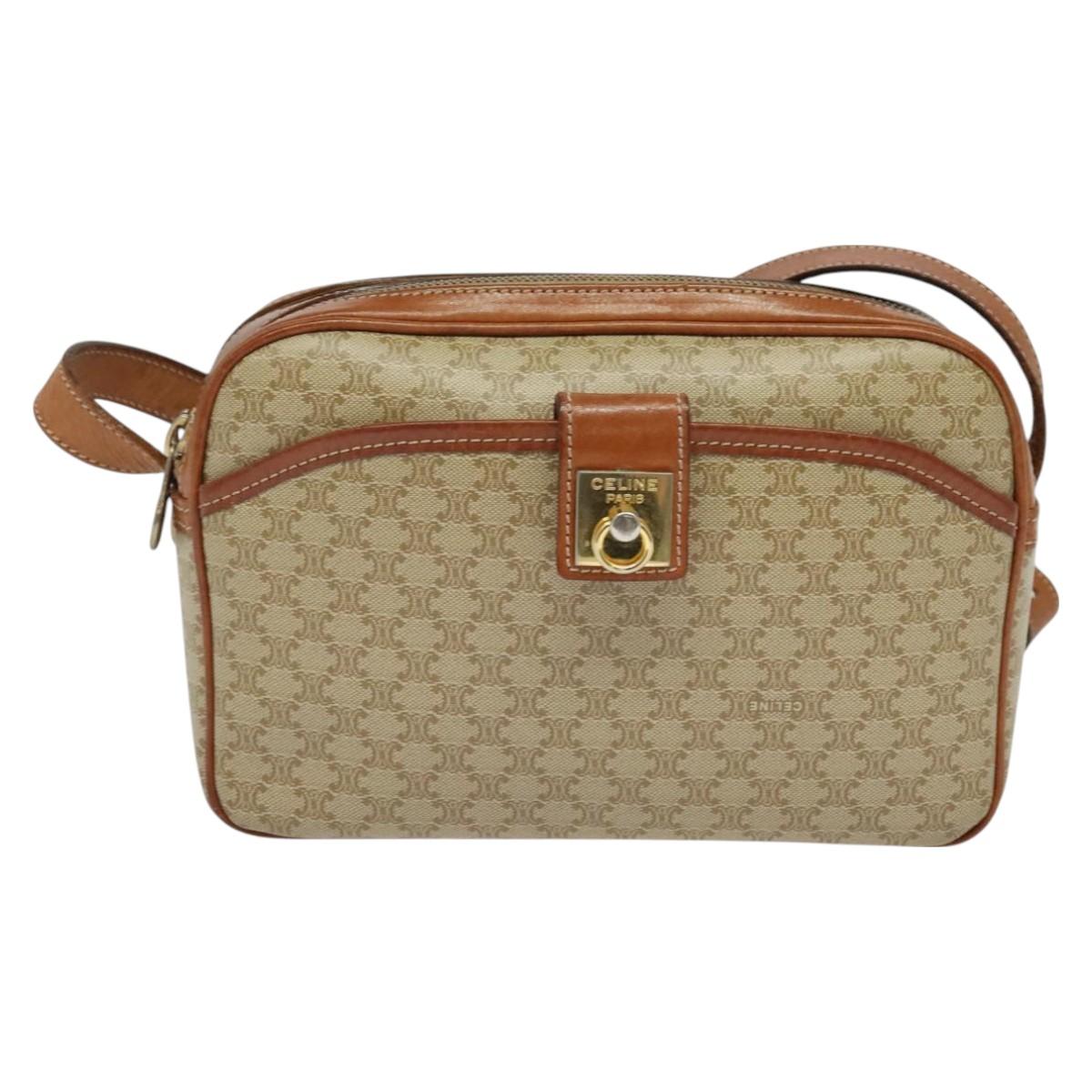 CELINE Macadam Canvas Shoulder Bag PVC Beige Gold Auth 128761