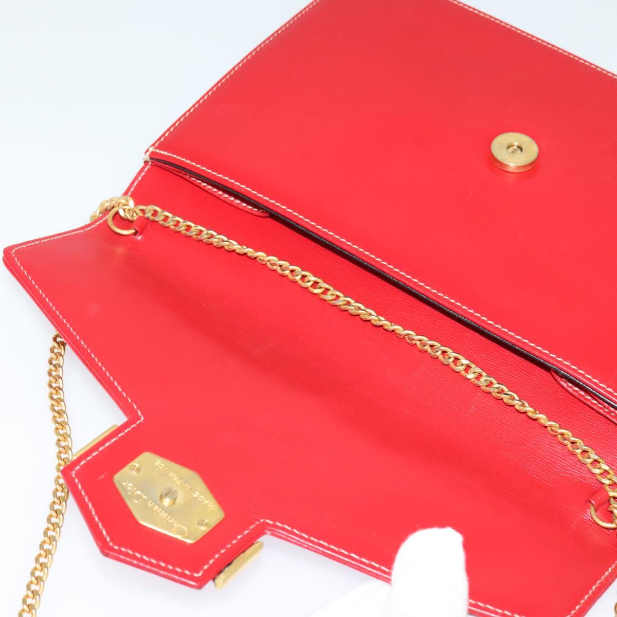 Christian Dior Chain Shoulder Bag Leather Red Gold Auth 128762