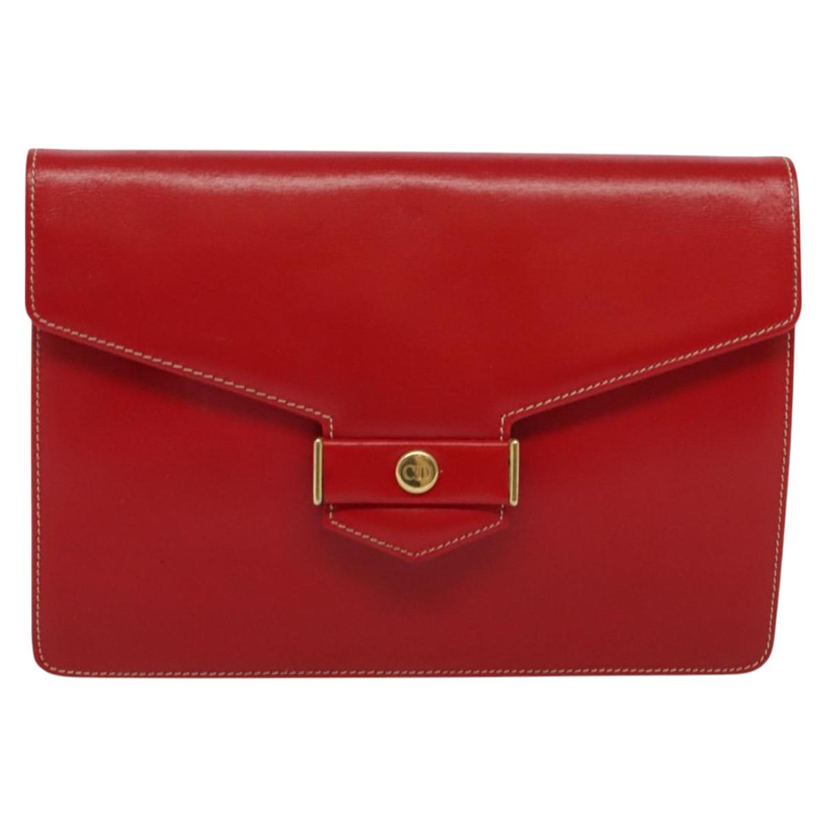 Christian Dior Chain Shoulder Bag Leather Red Gold Auth 128762