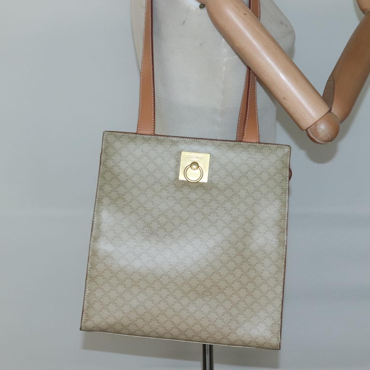 CELINE Macadam Canvas Tote Bag PVC Beige Gold Auth 128779