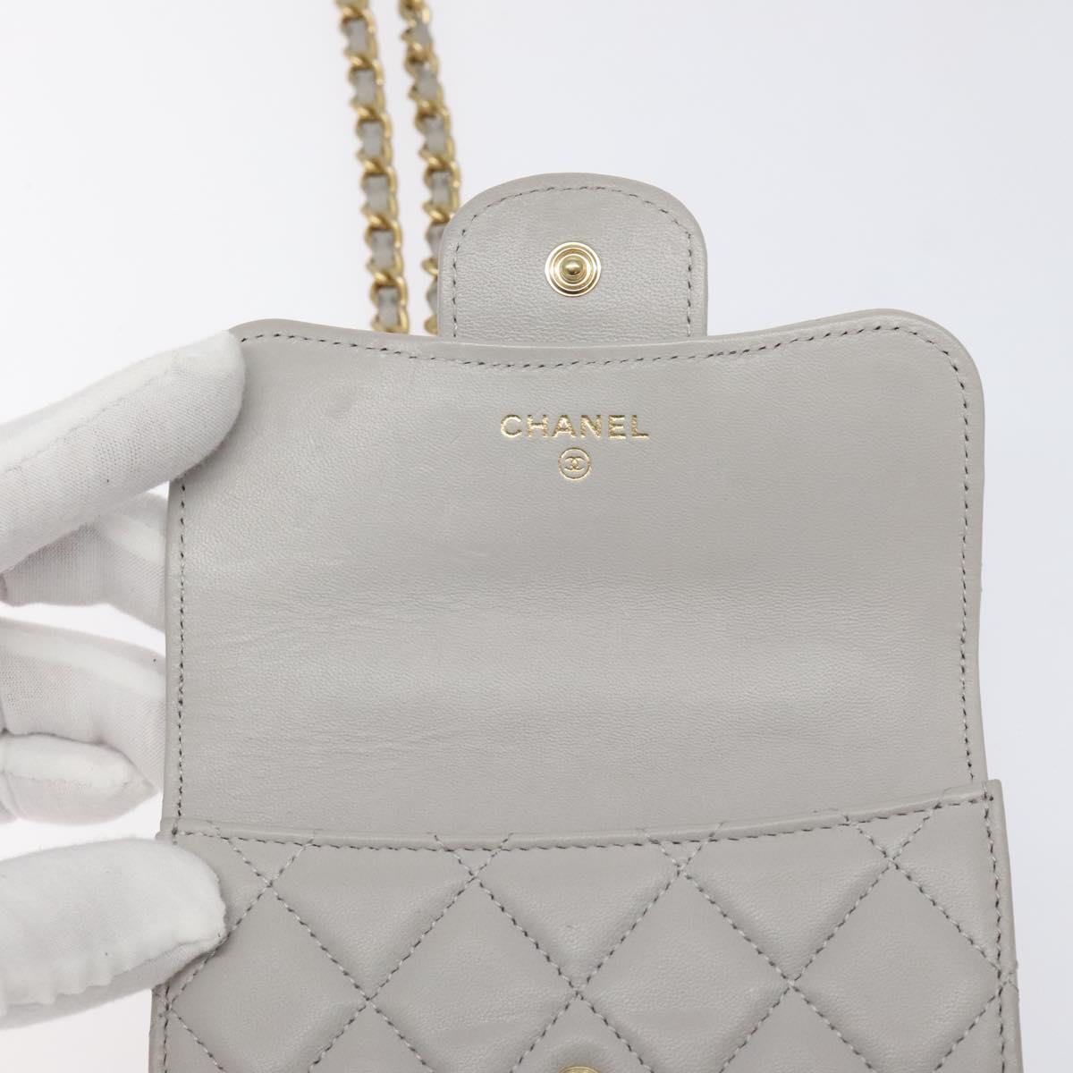 CHANEL Matelasse Chain Wallet Shoulder Bag Lamb Skin Gray Gold CC Auth 128807SAM