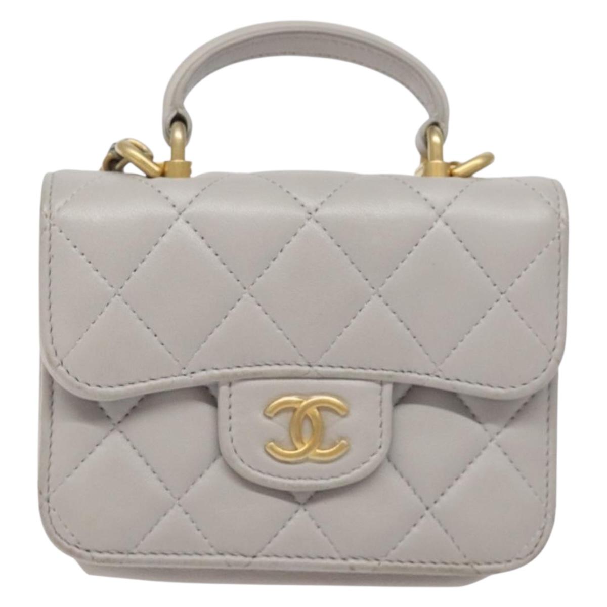 CHANEL Matelasse Chain Wallet Shoulder Bag Lamb Skin Gray Gold CC Auth 128807SAM