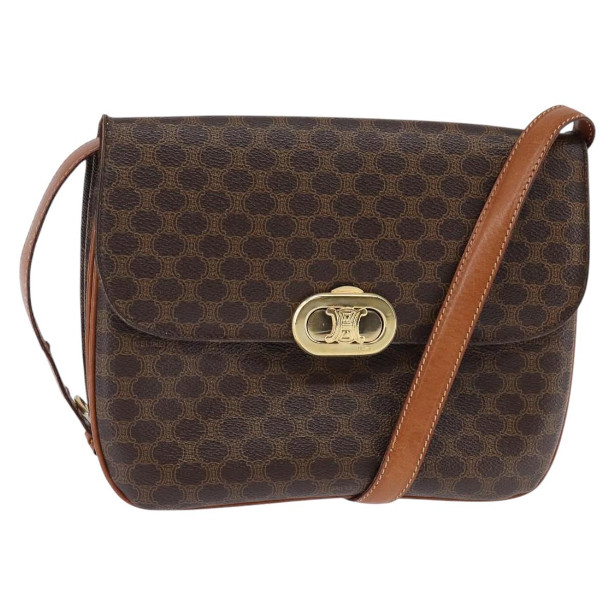 CELINE Macadam Canvas Shoulder Bag PVC Leather Brown Gold Auth 128916