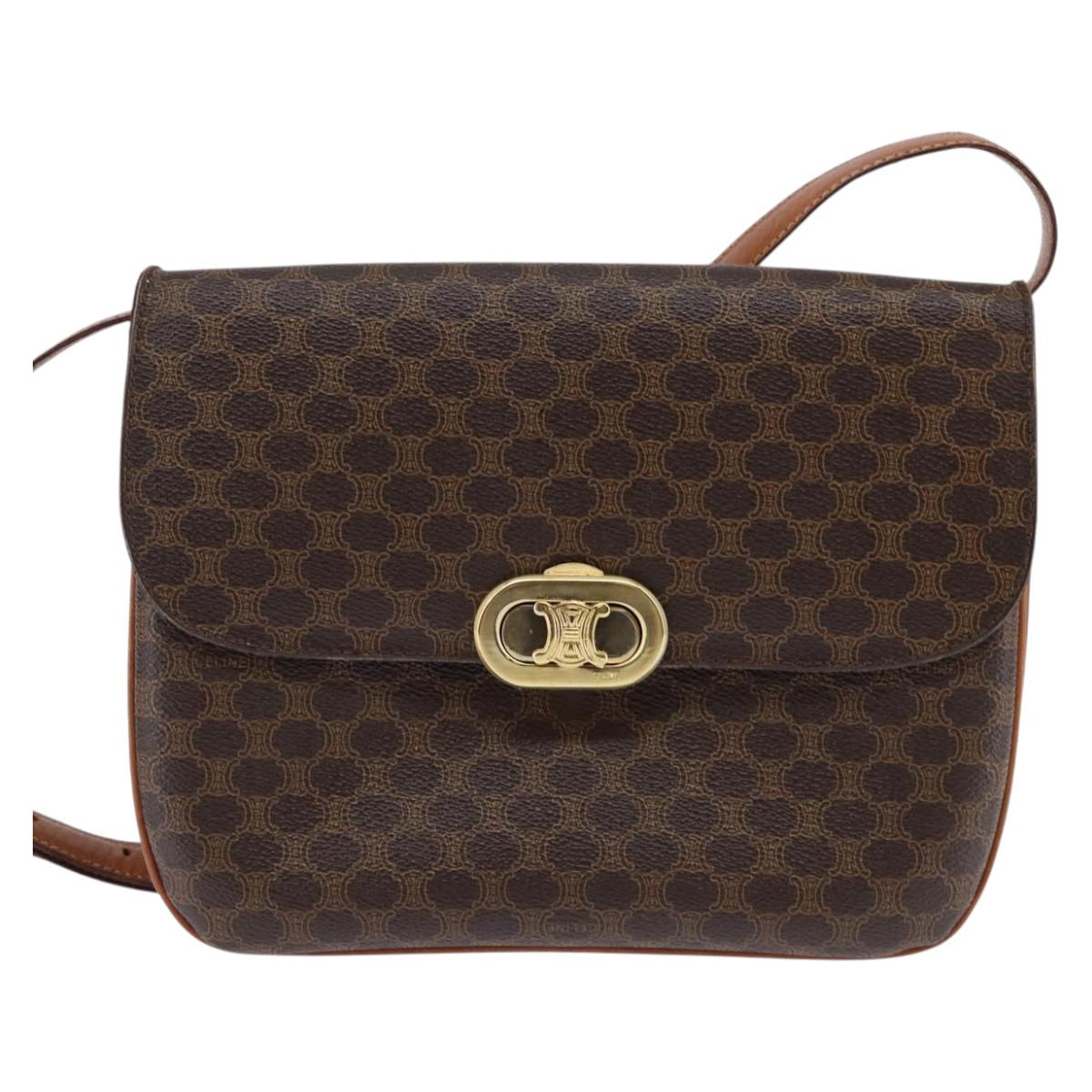 CELINE Macadam Canvas Shoulder Bag PVC Leather Brown Gold Auth 128916