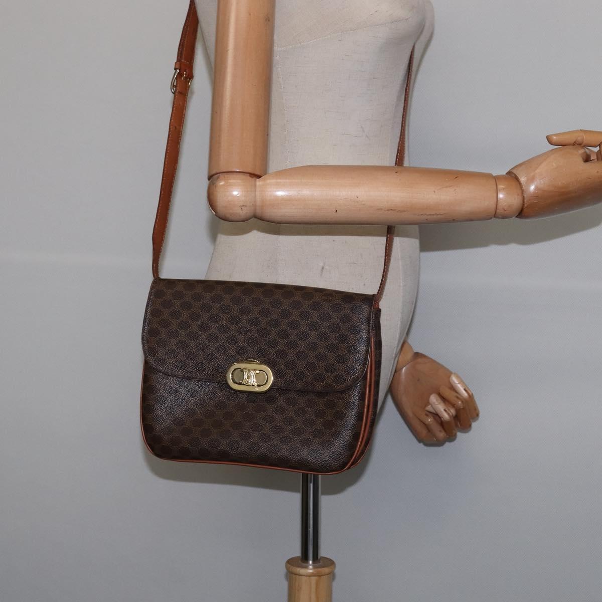 CELINE Macadam Canvas Shoulder Bag PVC Leather Brown Gold Auth 128916