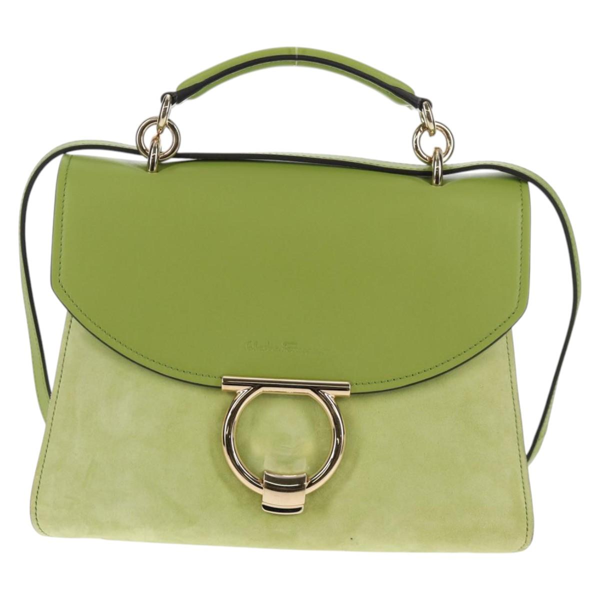 Salvatore Ferragamo Hand Bag Suede Leather 2way Green Gold Auth 128919V