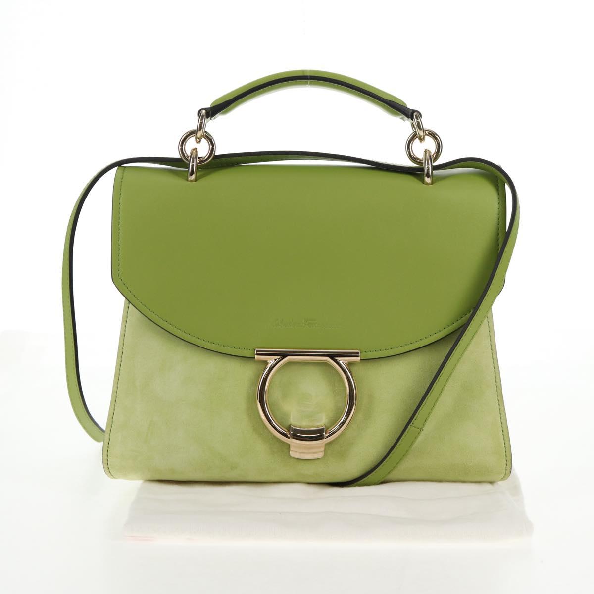 Salvatore Ferragamo Hand Bag Suede Leather 2way Green Gold Auth 128919V