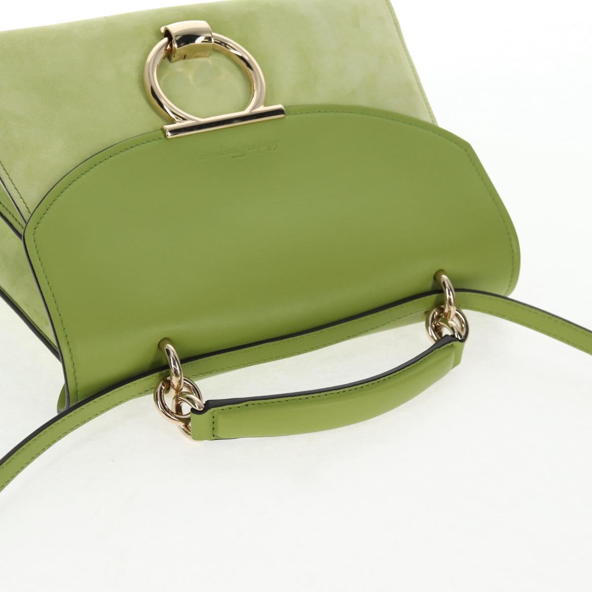 Salvatore Ferragamo Hand Bag Suede Leather 2way Green Gold Auth 128919V