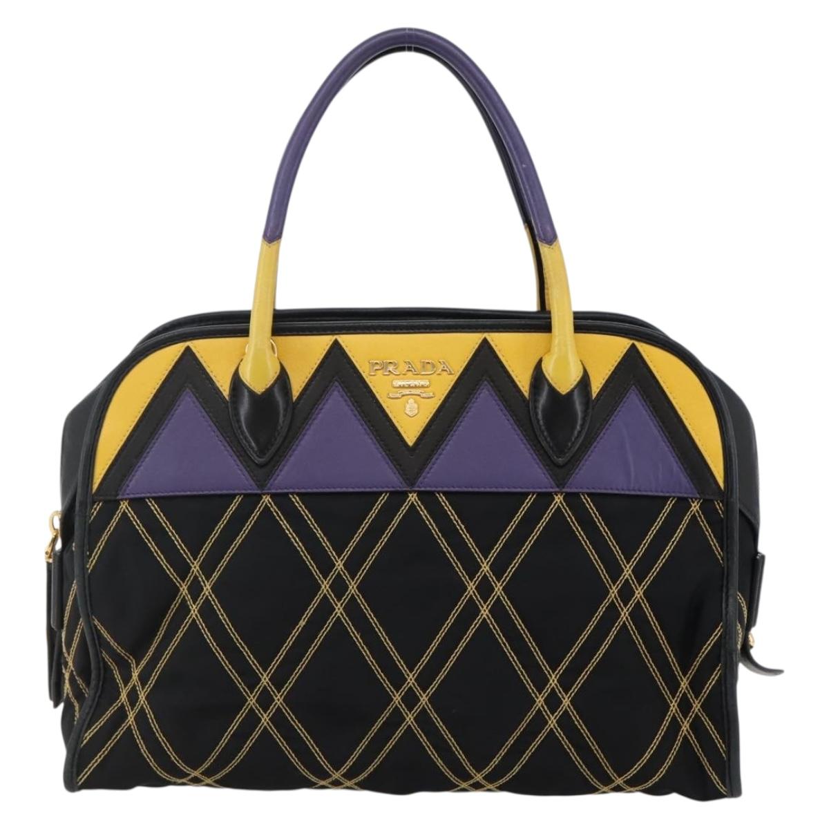 PRADA Hand Bag Nylon Leather Black Gold Auth 128923A