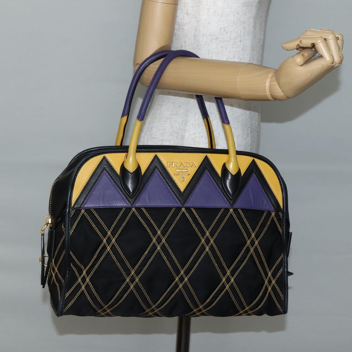PRADA Hand Bag Nylon Leather Black Gold Auth 128923A