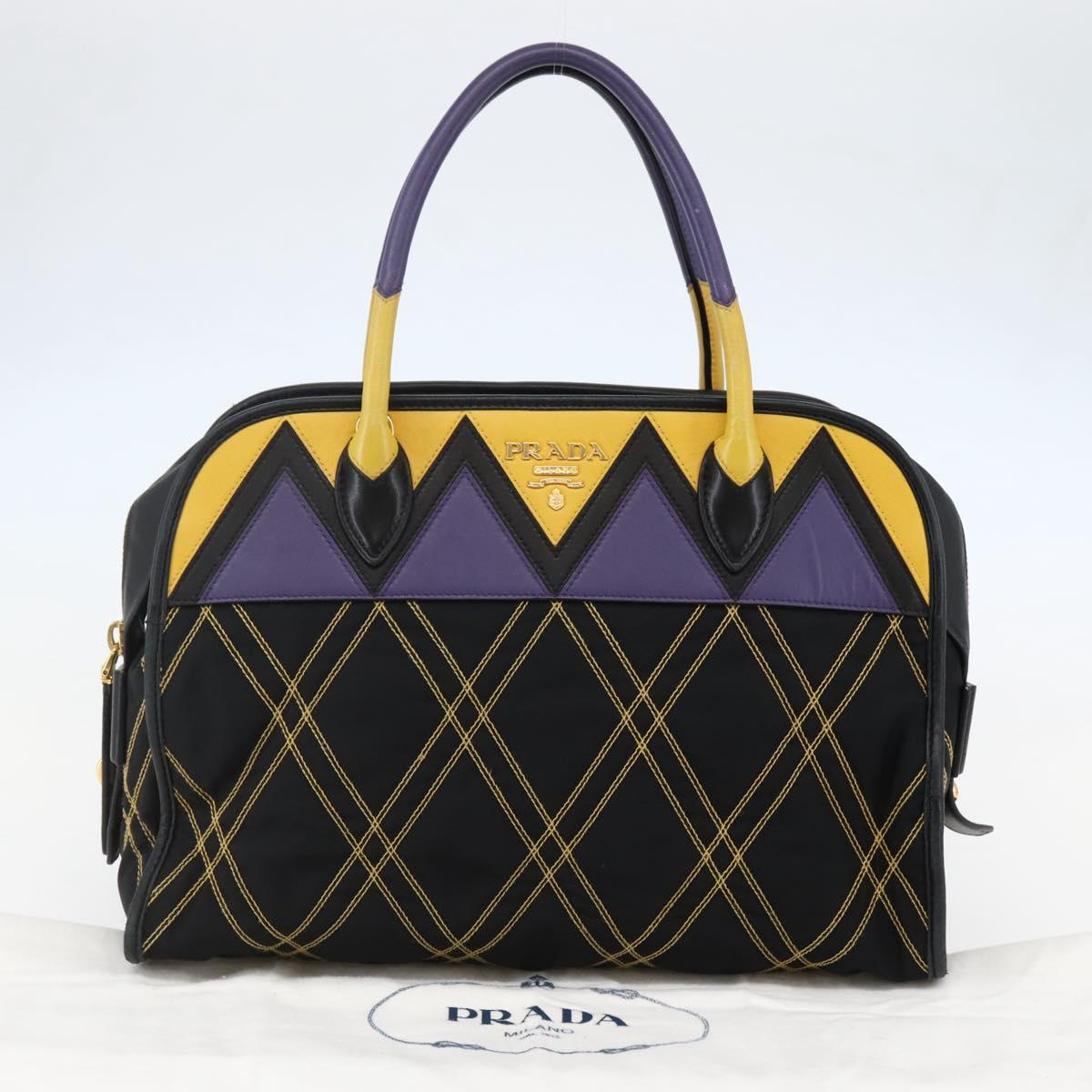 PRADA Hand Bag Nylon Leather Black Gold Auth 128923A