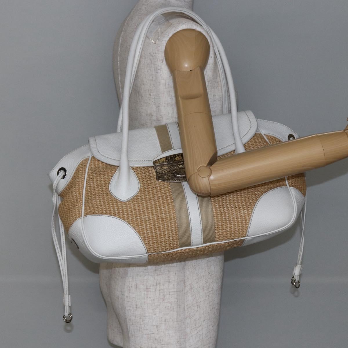 PRADA Tote Bag Raffia White Silver Auth 128924