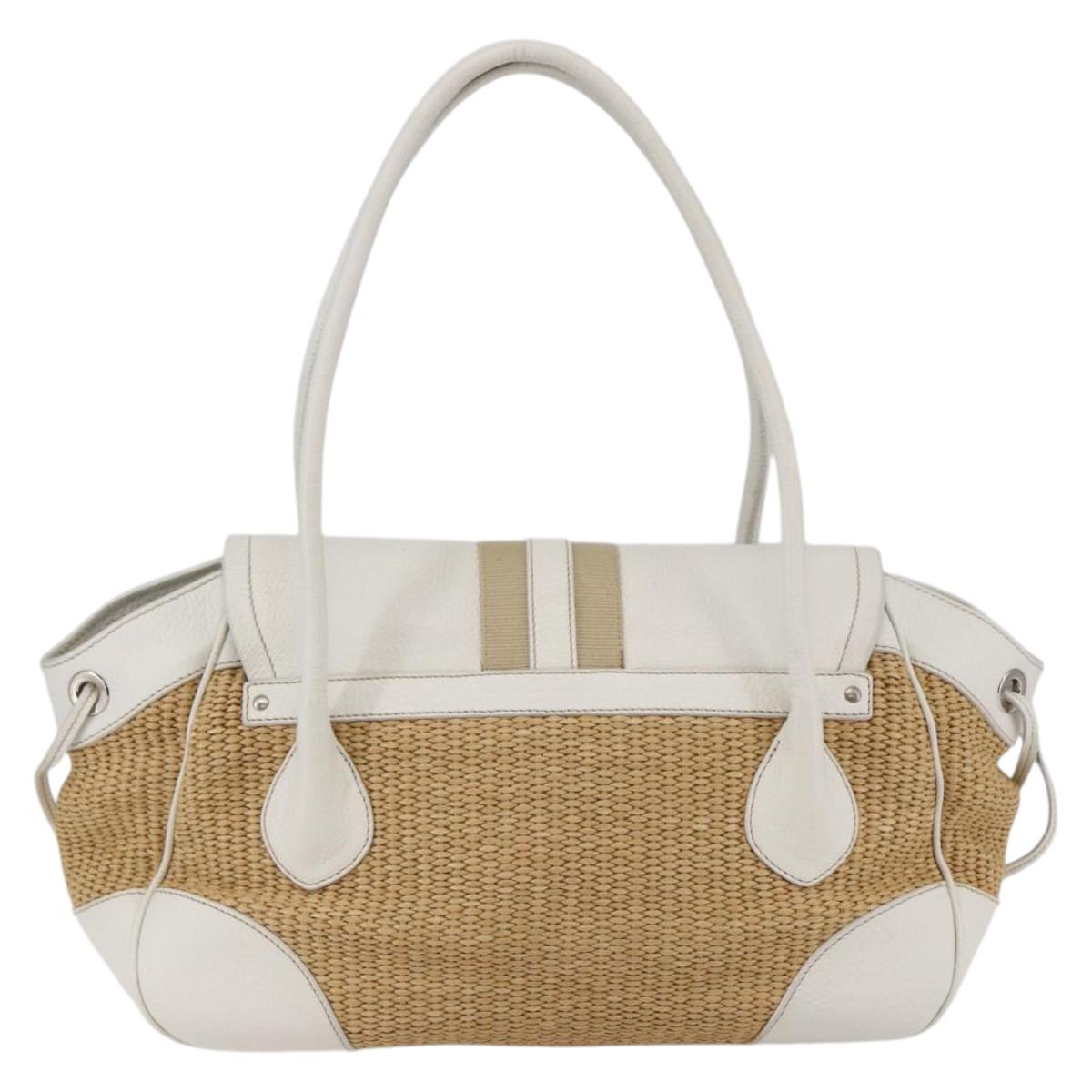 PRADA Tote Bag Raffia White Silver Auth 128924