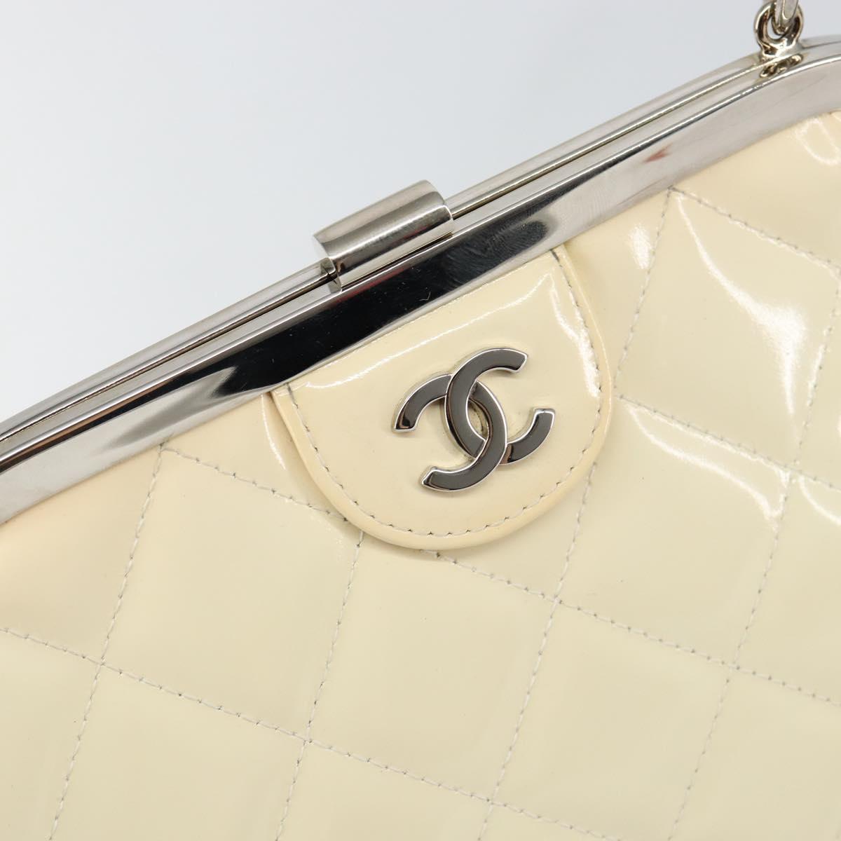 CHANEL Matelasse Gamaguchi Hand Bag Enamel White Silver CC Auth 128927