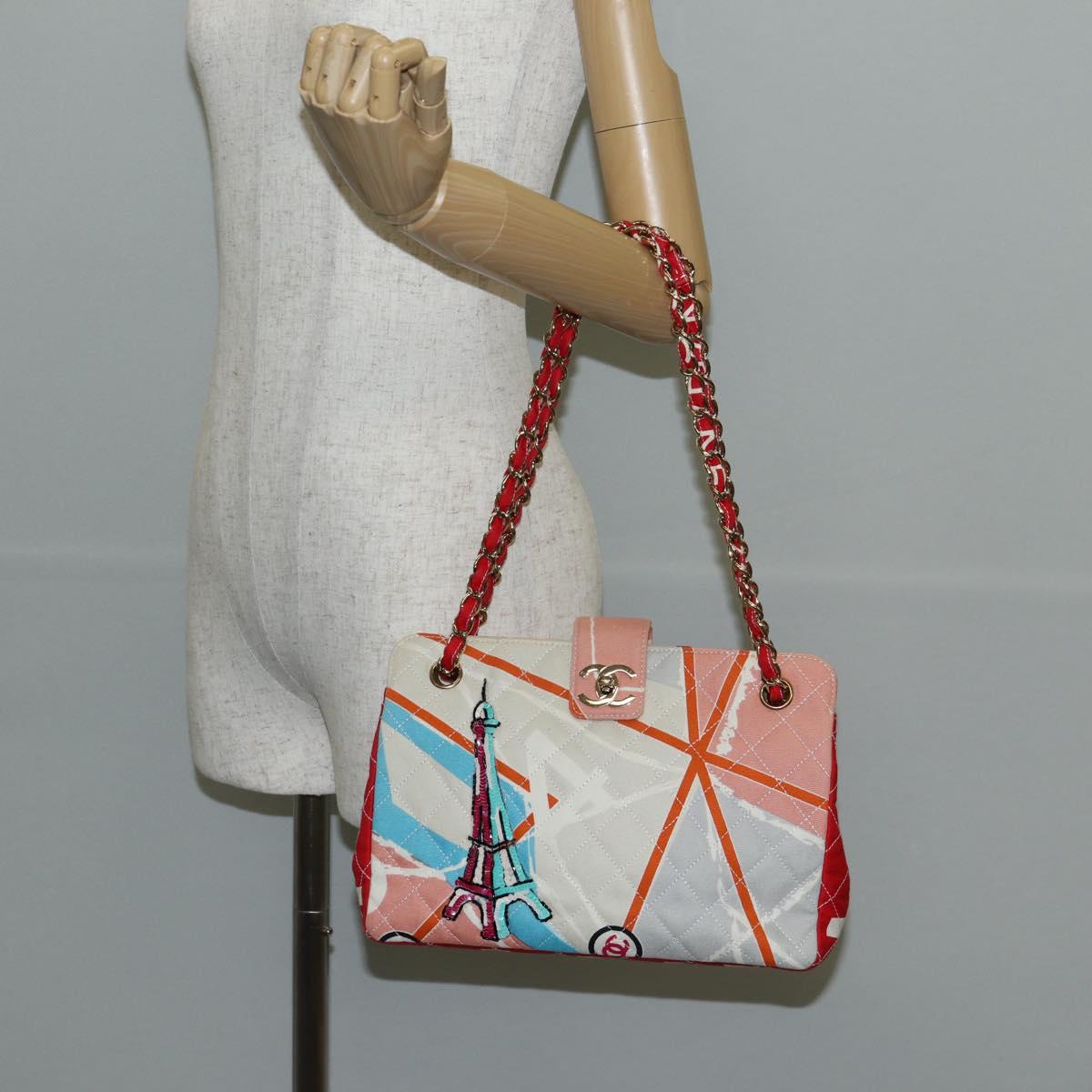 CHANEL Matelasse Chain Shoulder Bag Canvas Pink Gold CC Auth 128939SAM