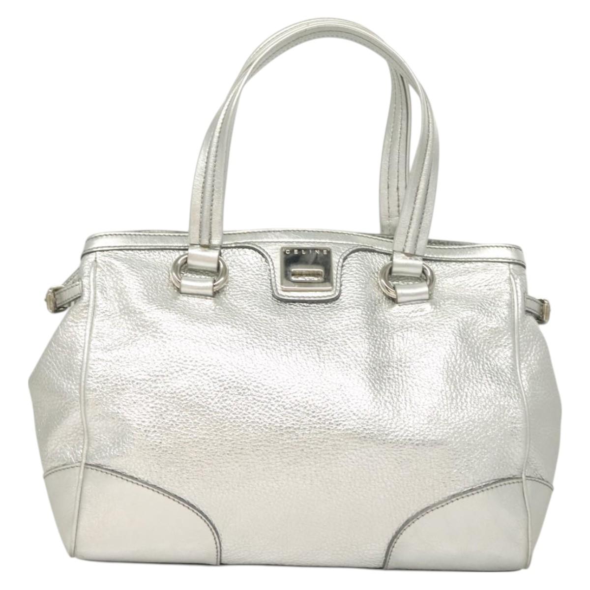 CELINE Tote Bag Leather Silver Auth 129002