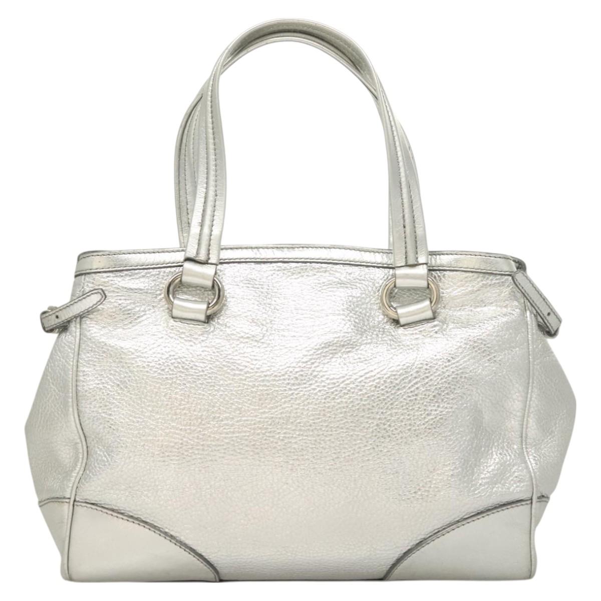 CELINE Tote Bag Leather Silver Auth 129002