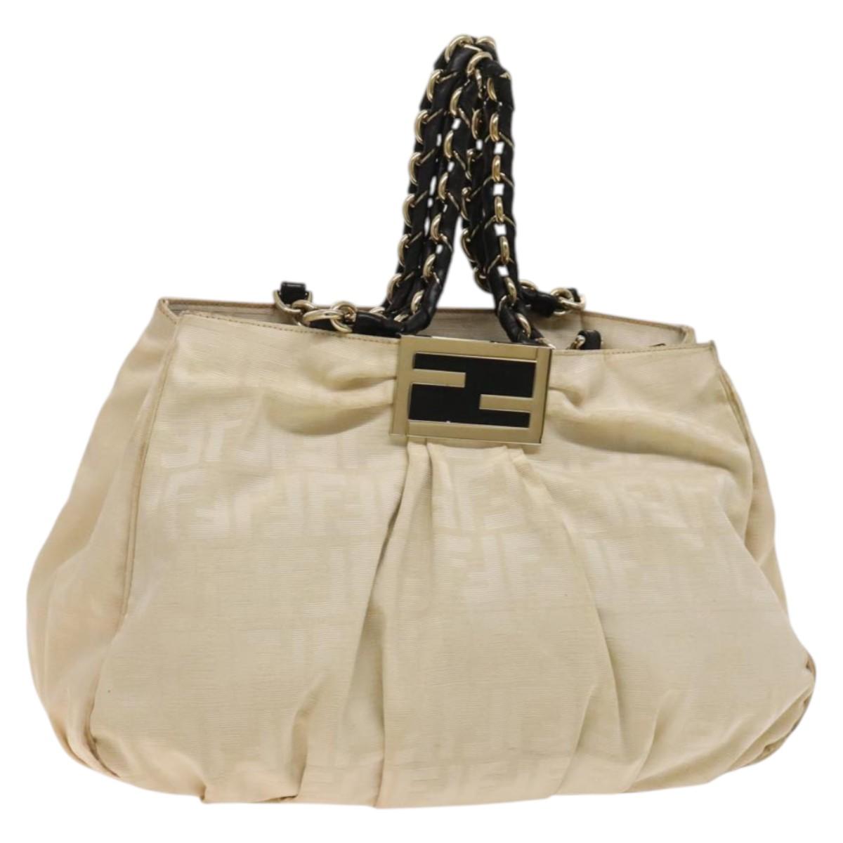 FENDI Zucca Canvas Chain Tote Bag Beige Gold Auth 129070
