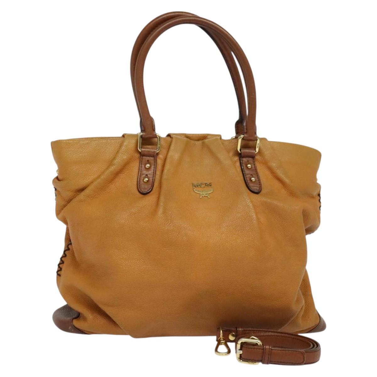 MCM Hand Bag Leather 2way Brown Gold Auth 129082