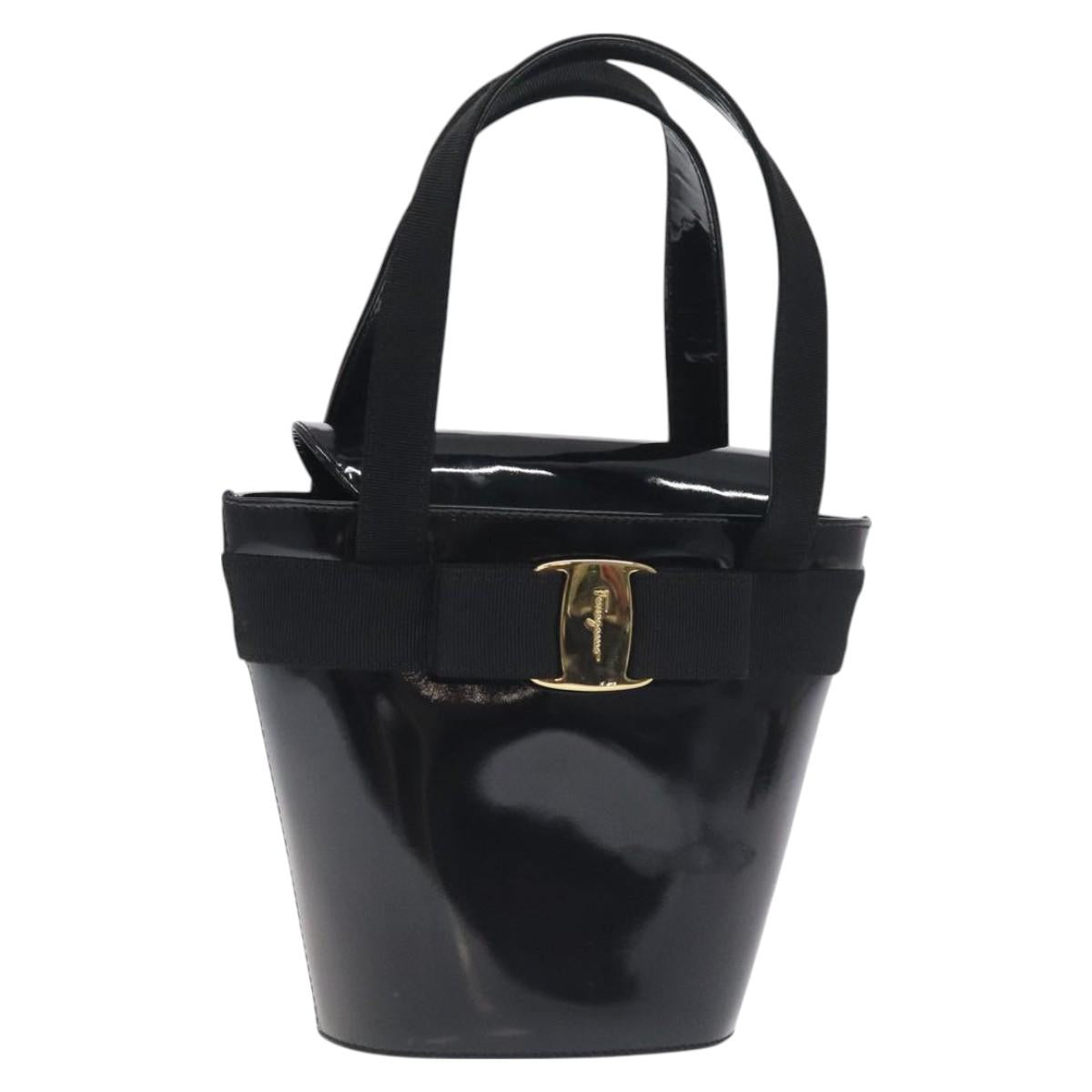 Salvatore Ferragamo Vala Hand Bag Patent leather Black Gold Auth 129105