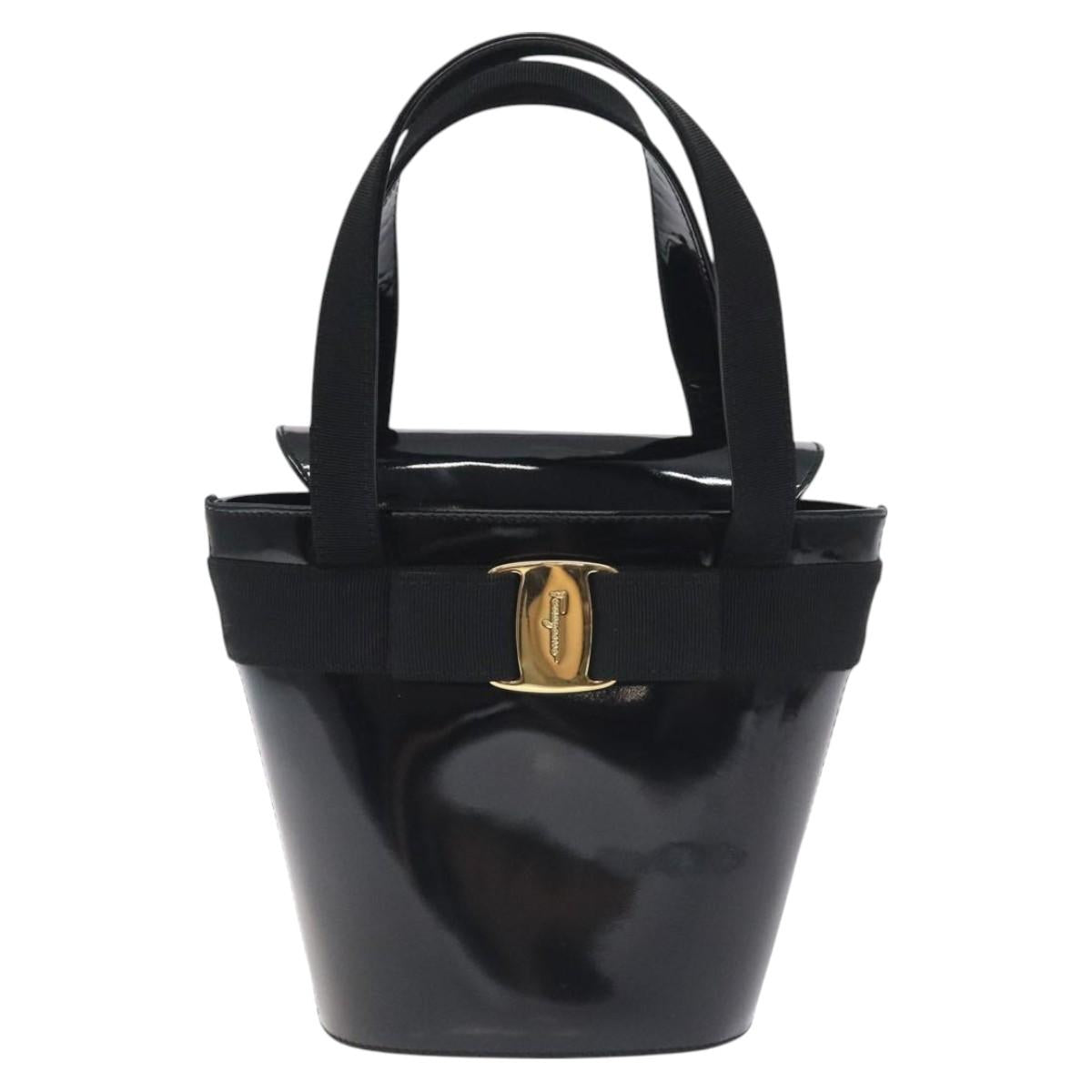 Salvatore Ferragamo Vala Hand Bag Patent leather Black Gold Auth 129105