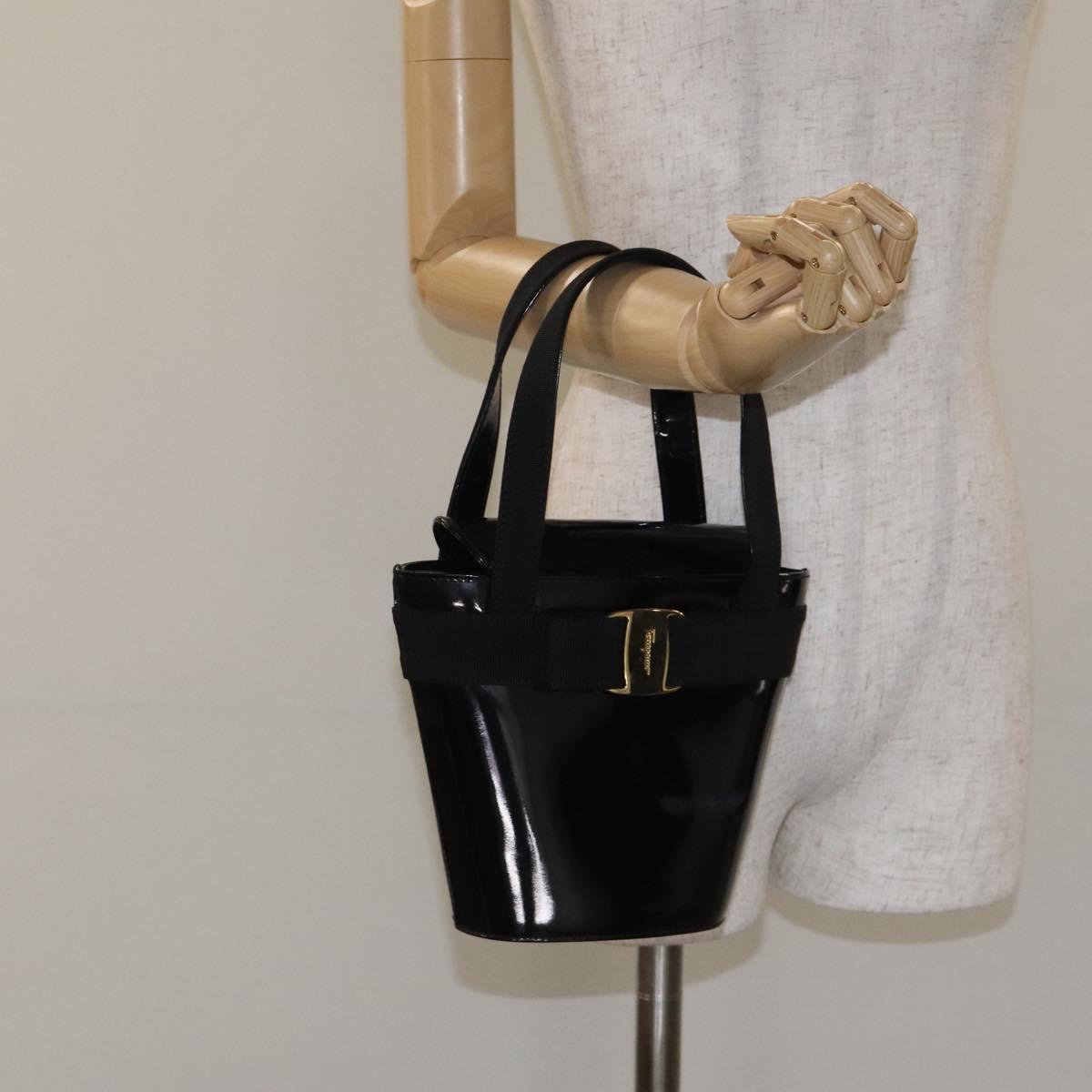 Salvatore Ferragamo Vala Hand Bag Patent leather Black Gold Auth 129105