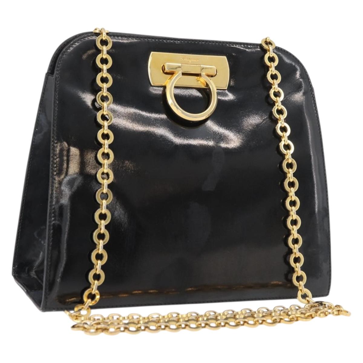 Salvatore Ferragamo Gancini Chain Shoulder Bag Patent Black Gold Auth 129160