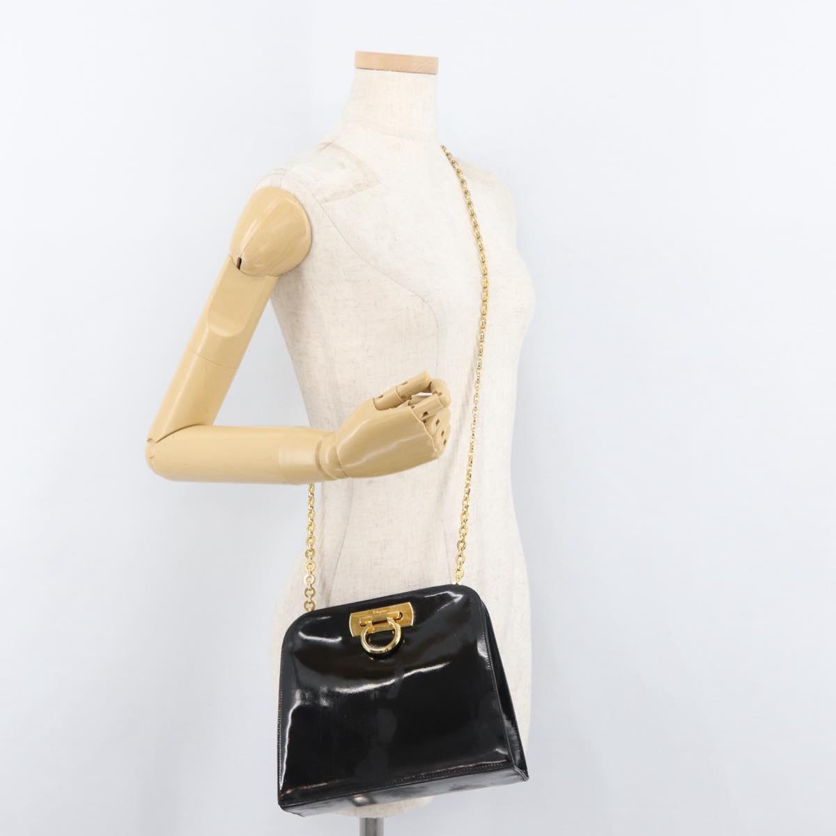 Salvatore Ferragamo Gancini Chain Shoulder Bag Patent Black Gold Auth 129160