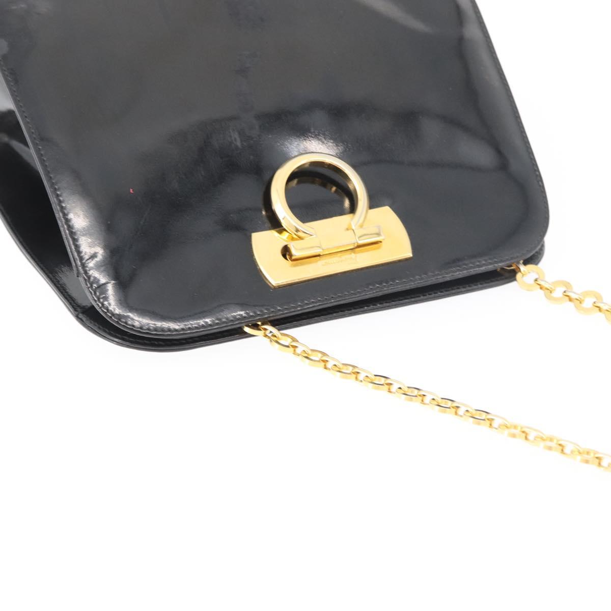 Salvatore Ferragamo Gancini Chain Shoulder Bag Patent Black Gold Auth 129160