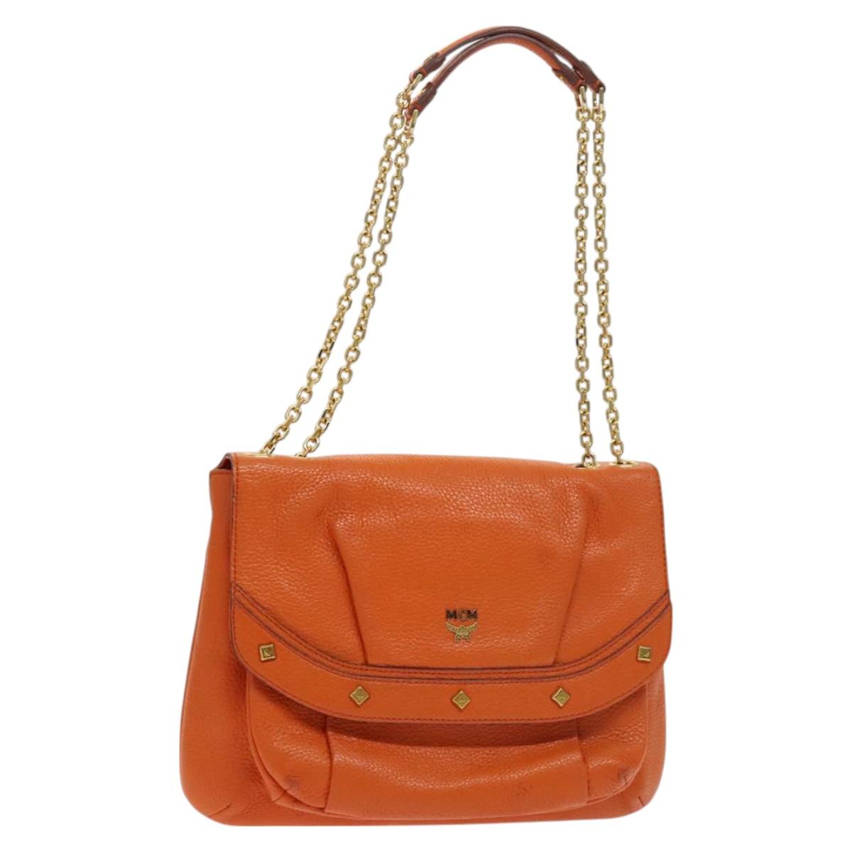 MCM Studs Chain Shoulder Bag Leather Orange Gold Auth 129209