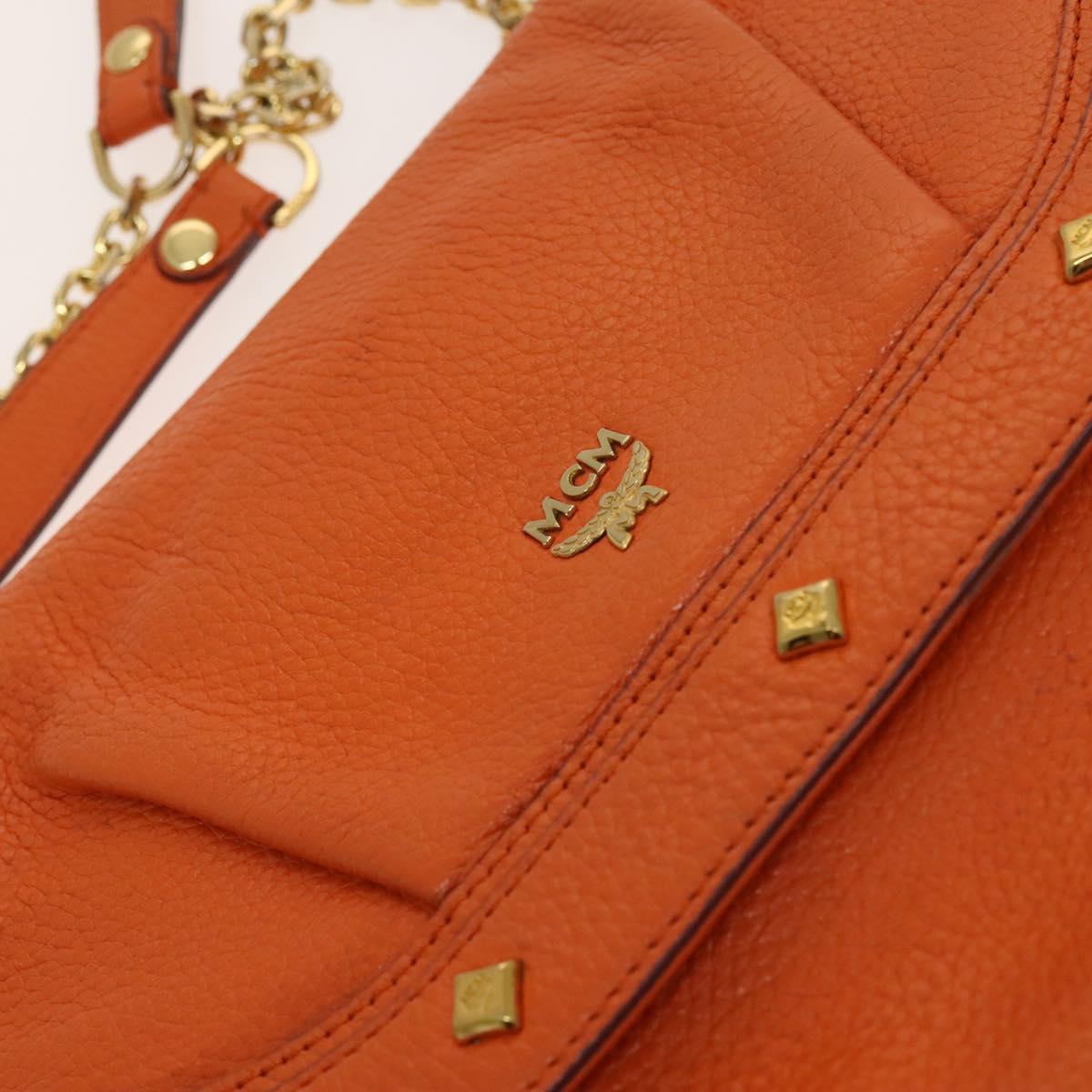 MCM Studs Chain Shoulder Bag Leather Orange Gold Auth 129209