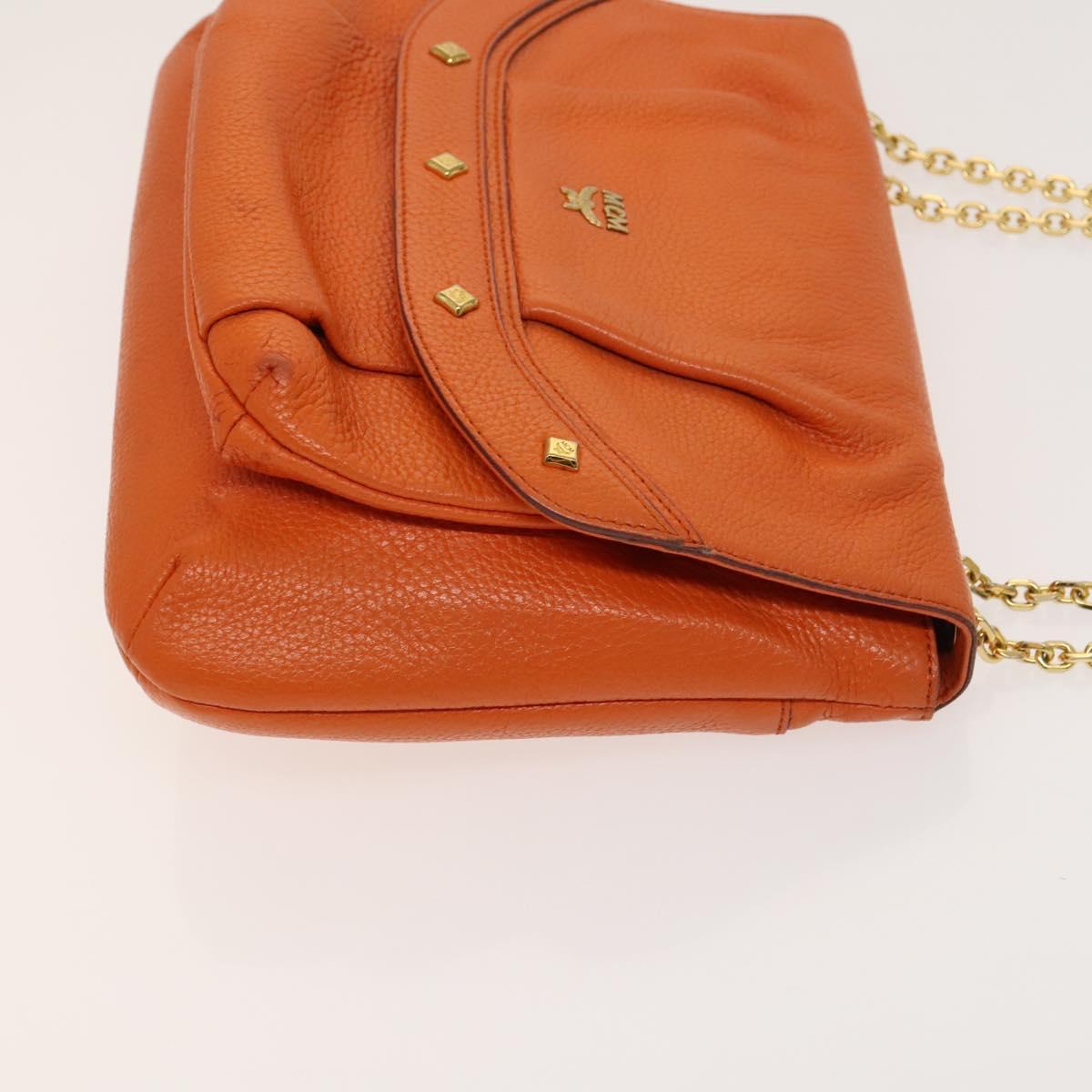 MCM Studs Chain Shoulder Bag Leather Orange Gold Auth 129209