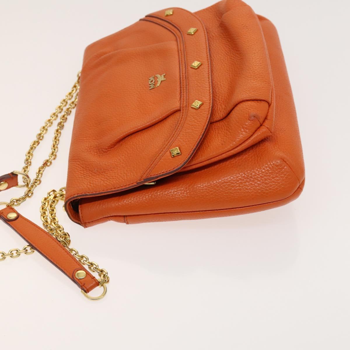 MCM Studs Chain Shoulder Bag Leather Orange Gold Auth 129209