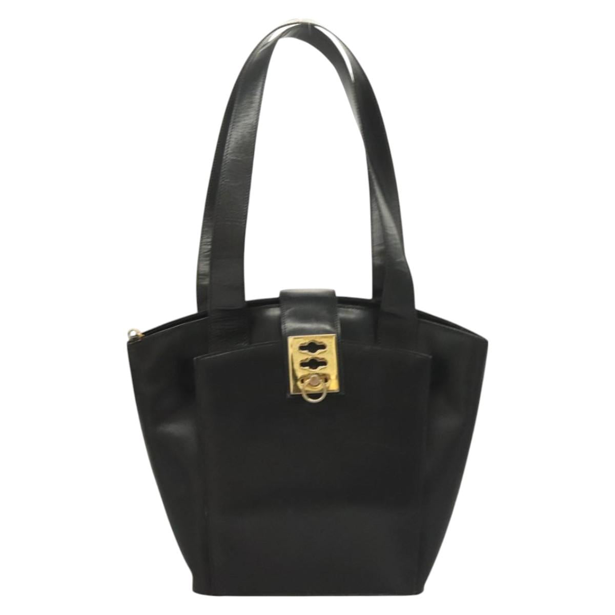CELINE Tote Bag Leather Black Gold Auth 129215