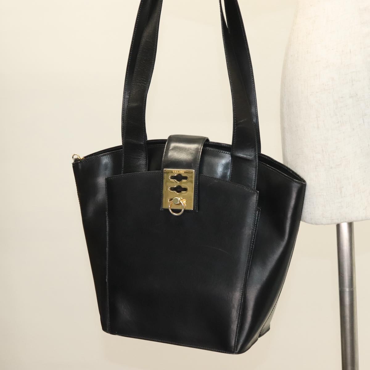 CELINE Tote Bag Leather Black Gold Auth 129215