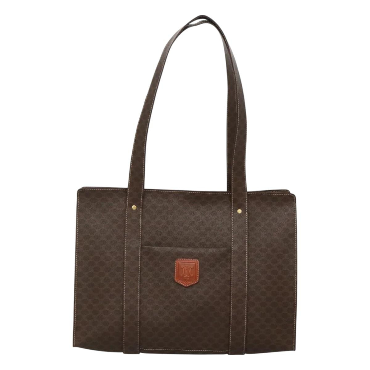 CELINE Macadam Canvas Shoulder Bag PVC Leather Brown Gold Auth 129247