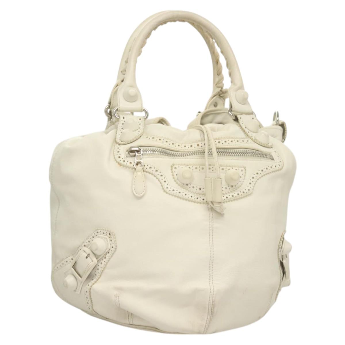 BALENCIAGA The Giant Pom Pom Bag Leather 2way White Silver 204540 Auth 129254
