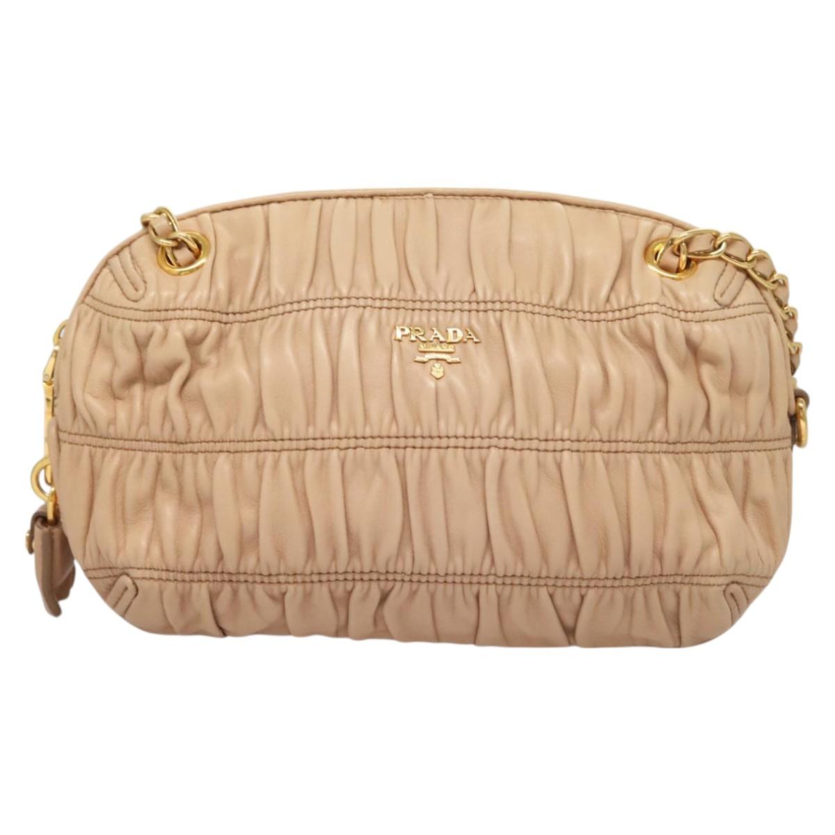 PRADA Gathered Chain Shoulder Bag Leather Pink Gold Auth 129324