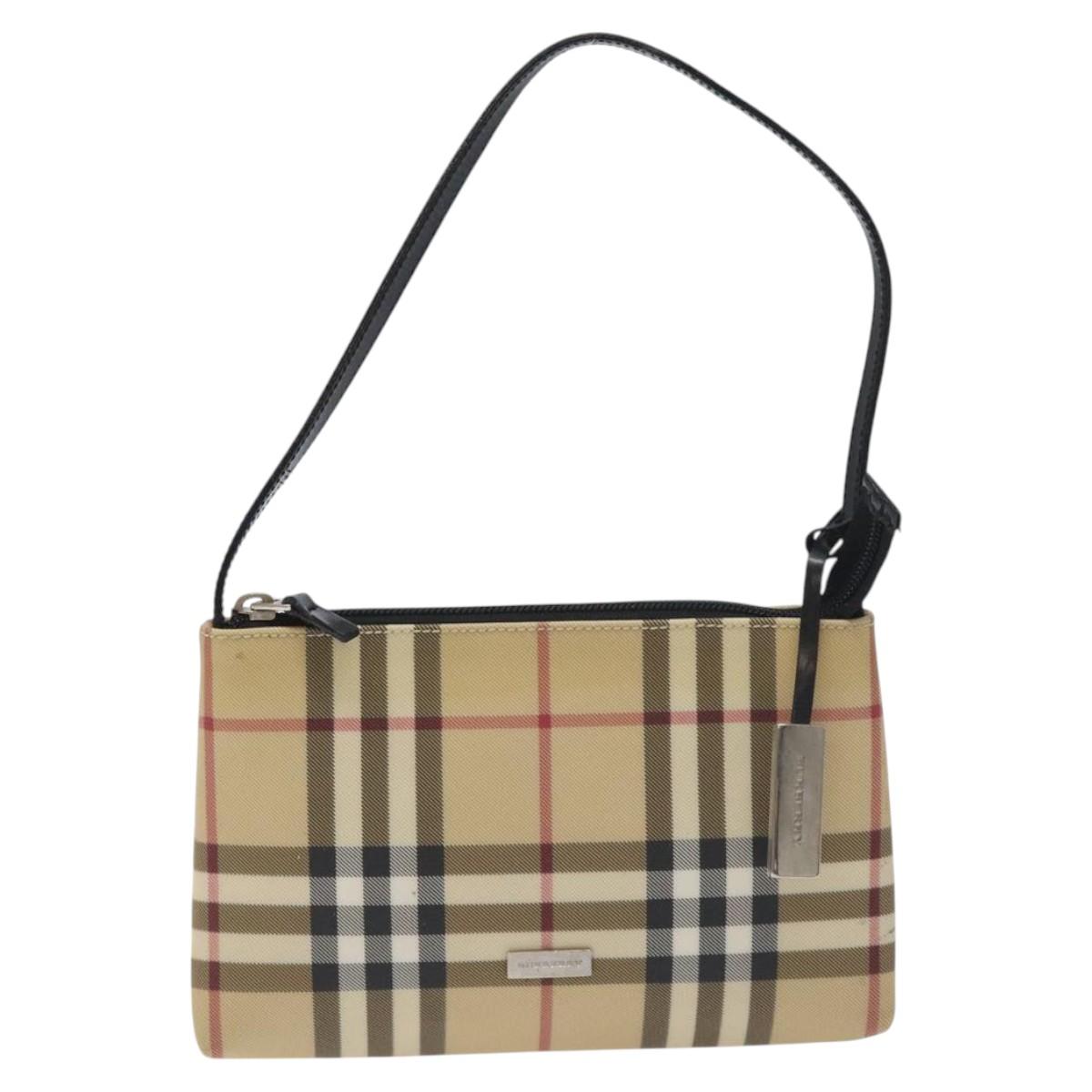 BURBERRY Nova Check Accessory Pouch PVC Beige Silver Auth 129325