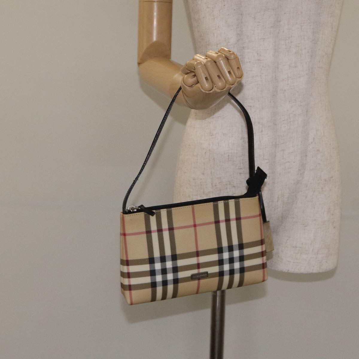 BURBERRY Nova Check Accessory Pouch PVC Beige Silver Auth 129325