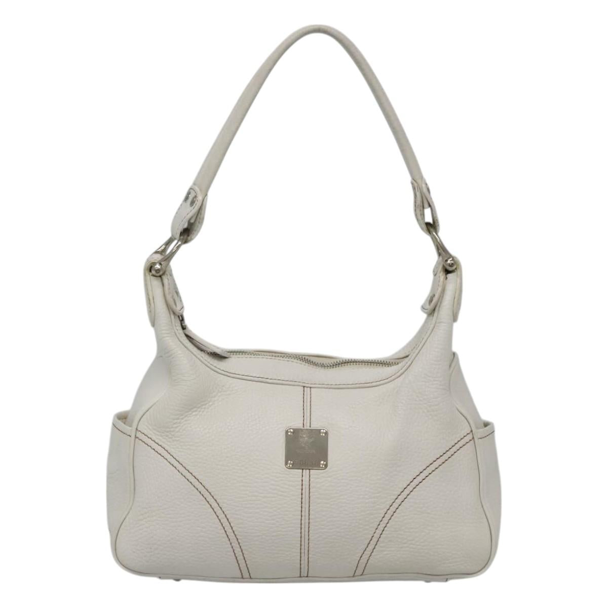 MCM Shoulder Bag Leather White Silver Auth 129389
