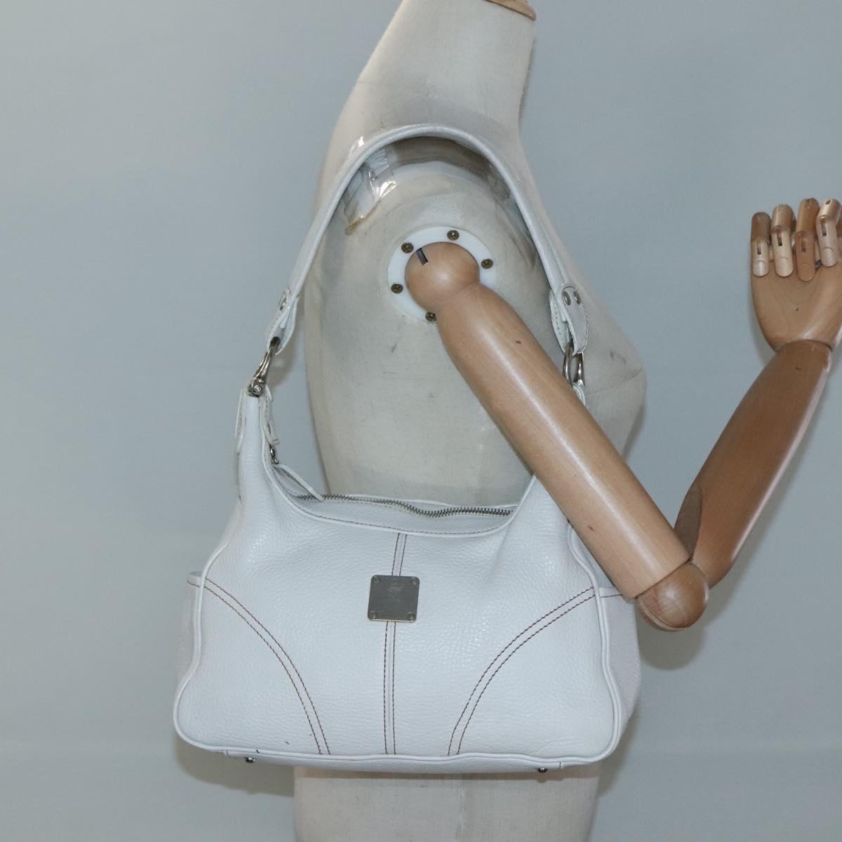 MCM Shoulder Bag Leather White Silver Auth 129389