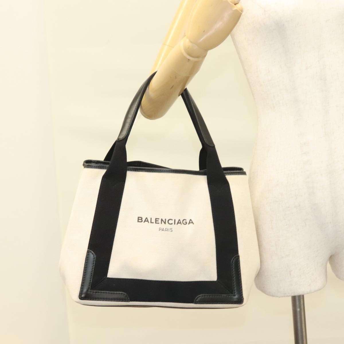 BALENCIAGA Navy Cabas S Hand Bag Canvas Black White 339933 Auth 129400