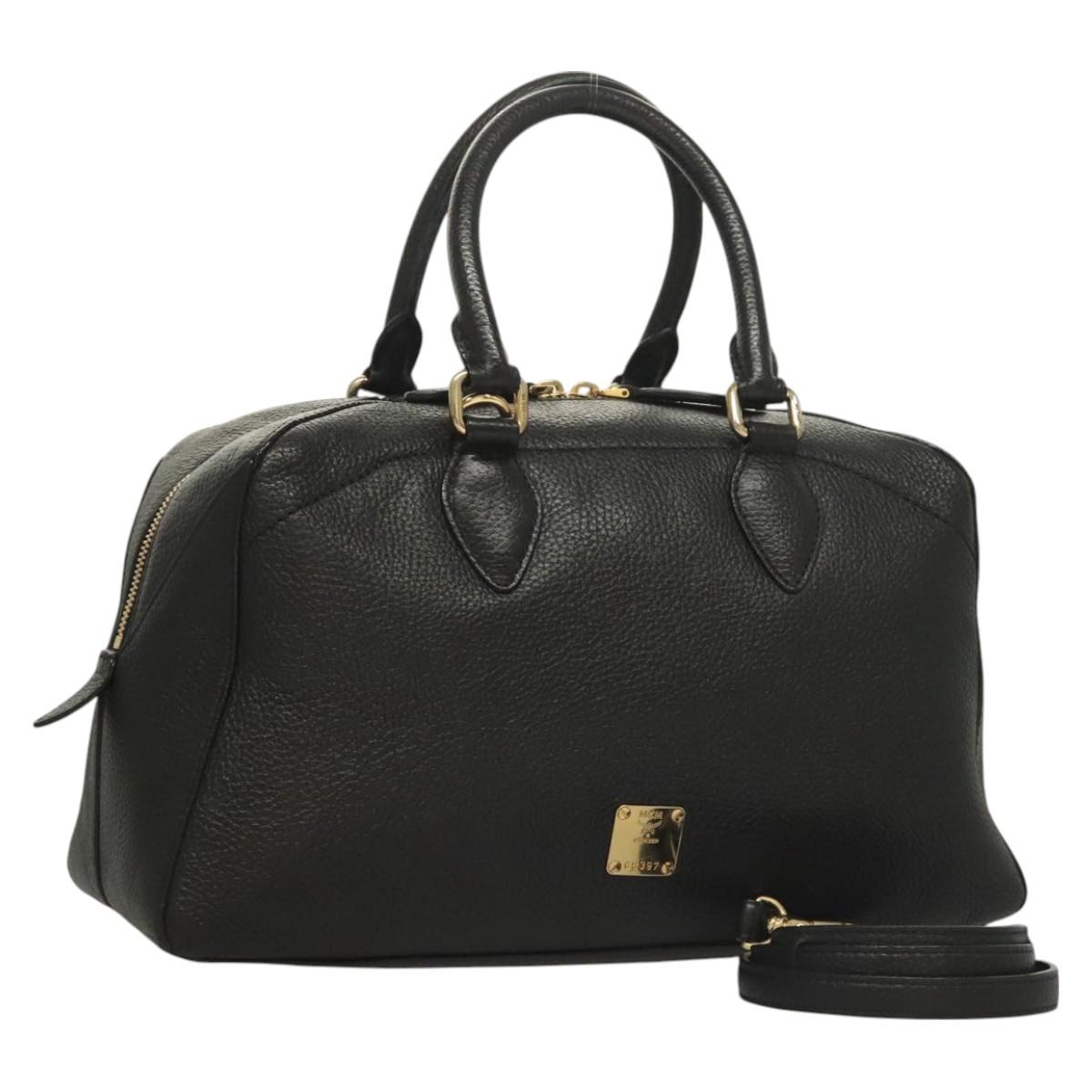 MCM Studs Hand Bag Leather 2way Black Gold Auth 129401