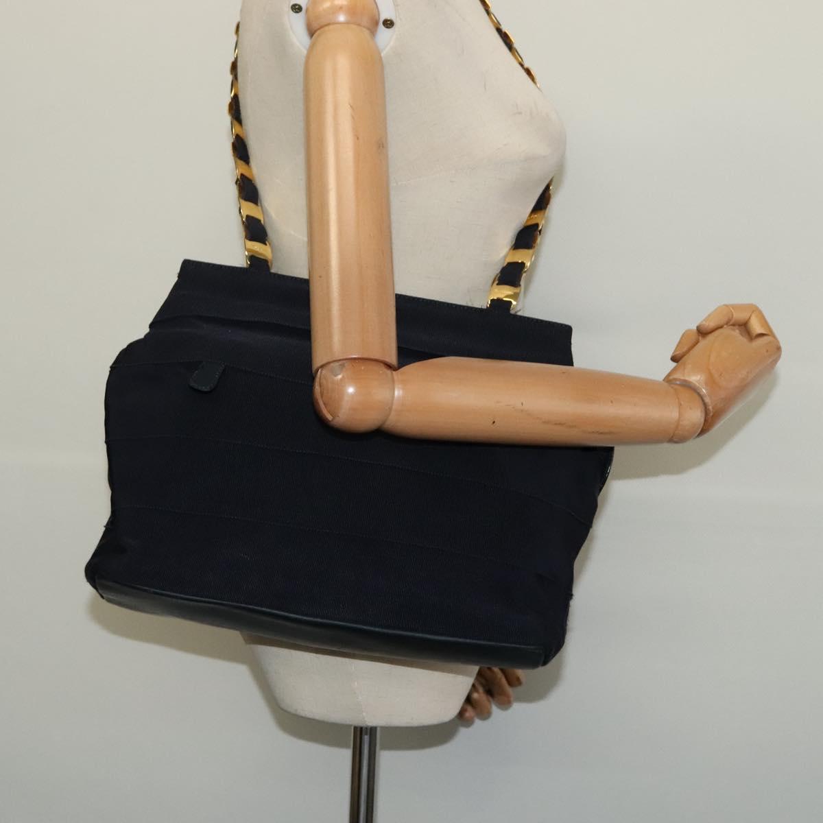Salvatore Ferragamo Chain Shoulder Bag Canvas Navy Gold Auth 129418